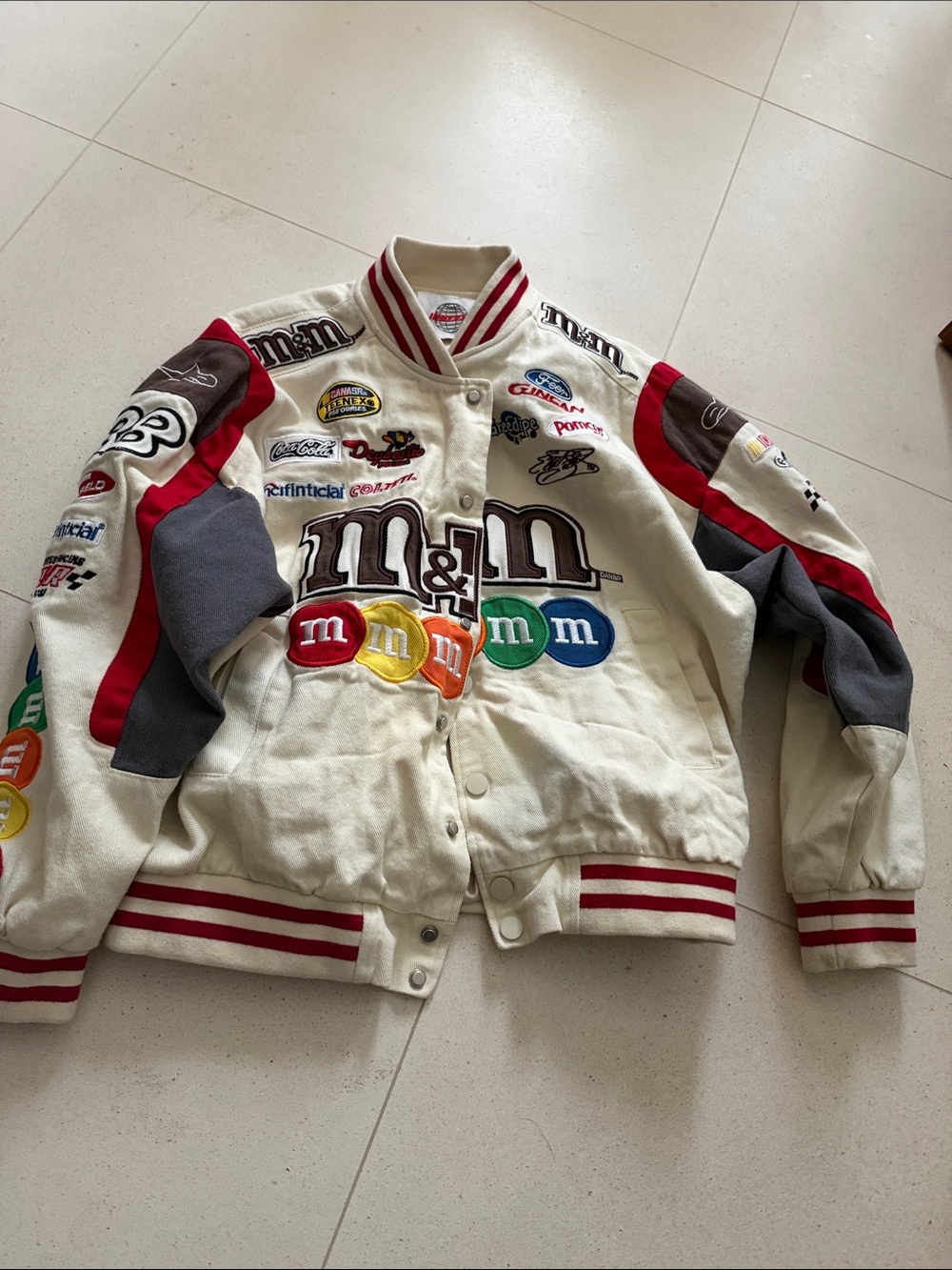 M&M's Cream Multicolor Patch Varsity Jacket